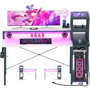 Armocity 2024 Upgrade Gaming Desk with LED Lights, Computer Desk with Long Monitor Stand, 47.2'' Reversible Laptop Table with Storage Shelves, Small Desk for Small Spaces, Gaming Room, White