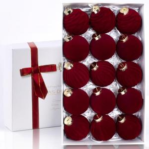 15PCS Red Velvet Flocked Christmas Ornaments, 3.15" Shatterproof Matte Balls for Xmas Tree Decor, Elegant Luxury Holiday Ornaments (Burgundy Red)