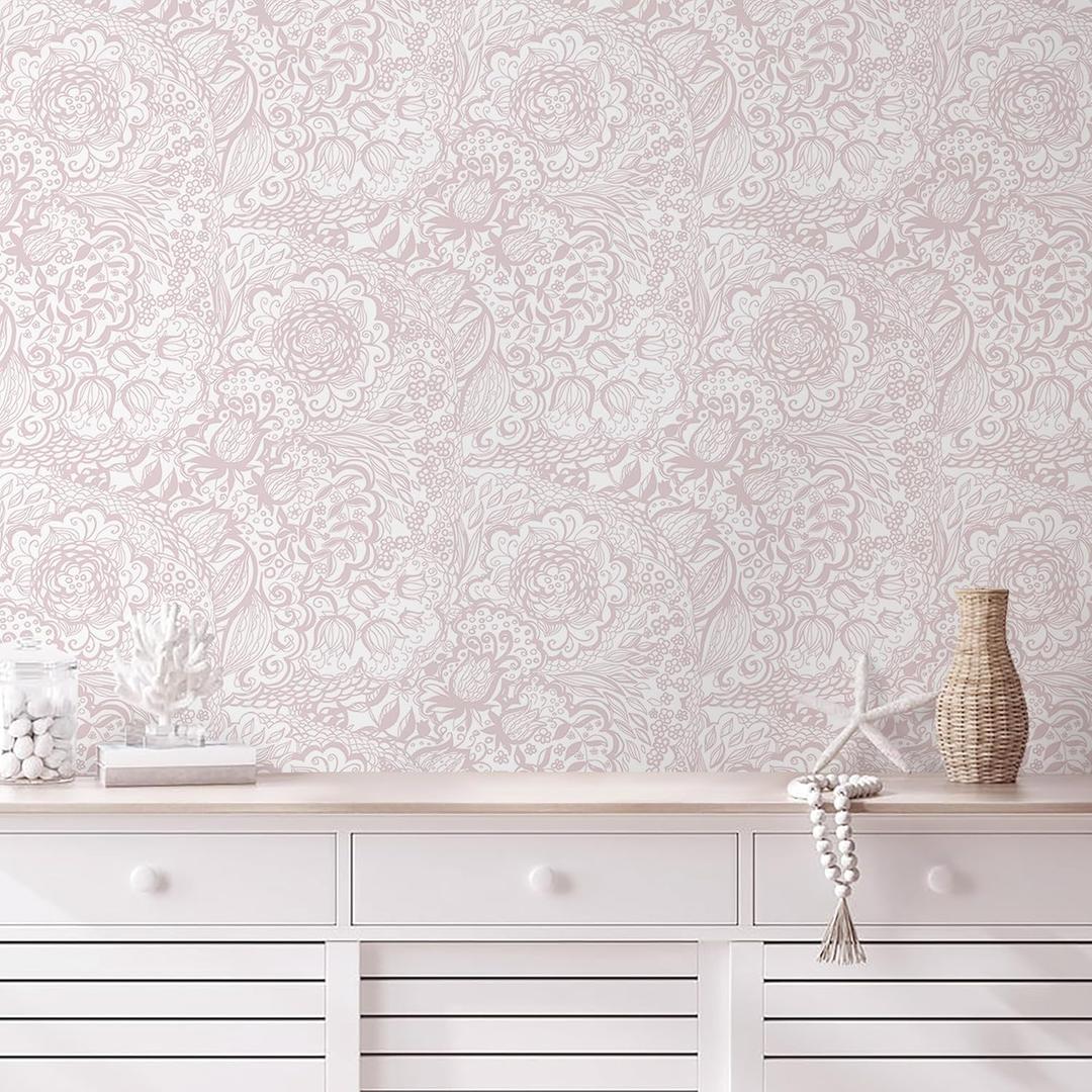 Peel and Stick Wallpaper Boho Pink and White Floral Wallpaper for Bedroom Bathroom Removable Self-adhsive Contact Paper for Cabinets Nursery Shelf Liner 17.3" x 394"