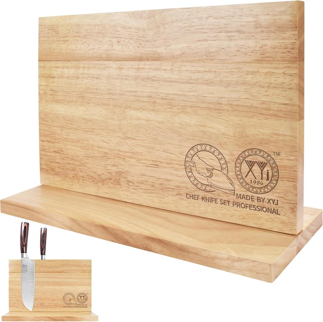 XYJ Authentic Since 1986, Magnetic Knife Block, Double Side Kitchen Knife Holder, Natural Wood, Knife Cutlery Display Stand, Organizer Storage Rack for Home Kitchen