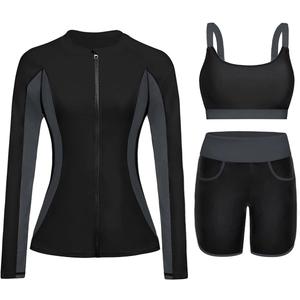 Women 3 Piece Rash Guard - Long Sleeve Swimsuit Built in Bra Swim Shirt Zip Bathing Suit with Pocket Shorts (Large, Black and Gray)
