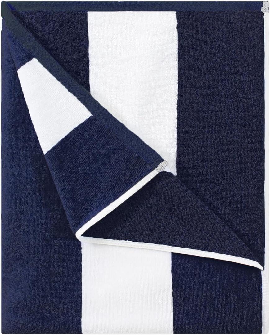 HENBAY Cotton Oversized Beach Towel - Large 70 x 35 Inch Pool Towel, Navy Blue Striped Quick Dry Swimming Cabana Towel