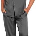 Ekouaer Men Satin Silk Pajamas Set 2 Piece Button Down Sleepwear Long Pants Loungewear with Pockets (X-Large, Dark Gray)