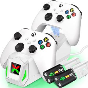 Dual Controller Charger Station with 2x2550mAh Rechargeable Battery Packs for Xbox One/ X/ S/ Elite/ Xbox Series X|S, Charging Dock Kit with 4 Batteries Cover for Xbox One Controller Battery Pack, White