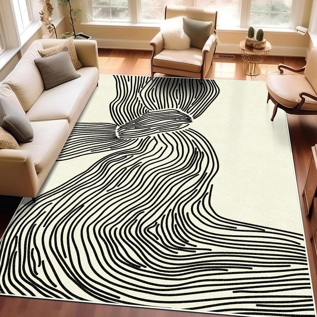 4x6 Rug Modern Abstract Area Rug Contemporary Striped Living Room Rug Stain Resistant Washable Rug Non-Shedding Bedroom Rug Non-Slip Low-Pile Floor Carpet for Dining Room Kitchen Home Office (4X6 ft, Cp-01)