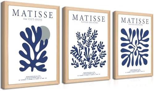 Wood Frame Matisse Wall Art Set of 3, Abstract Blue Henri Matisse Canvas Posters Prints, Navy Blue Flower Aesthetic Wall Decor Paintings for Living Room Bedroom Bathroom 12x16 In Light Framed 3 Pcs
