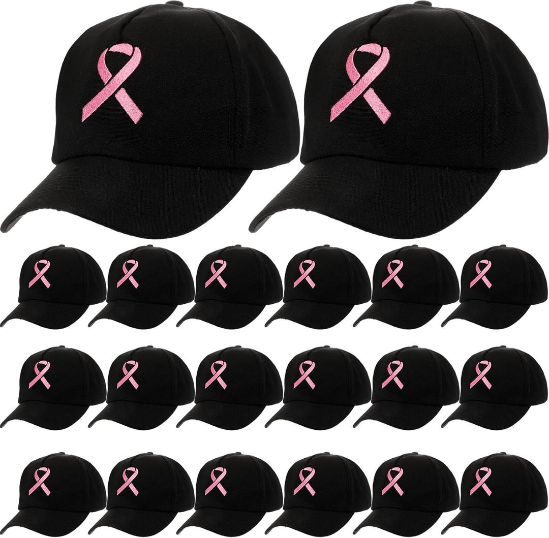 Handepo 20 Pcs Breast Cancer Awareness Baseball Cap with Ribbon Print Adjustable Hat with Hook and Loop for Women Men (as pictures show, Black)