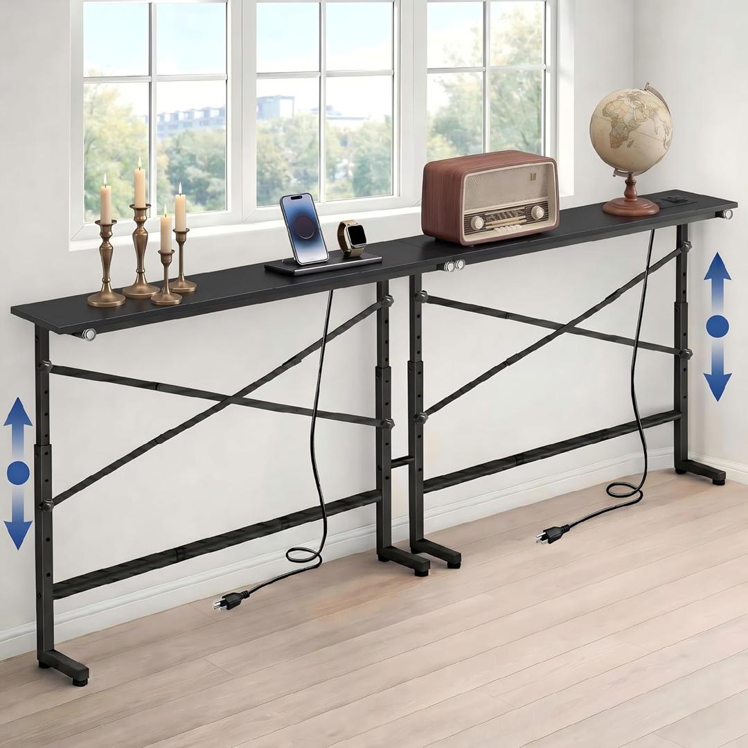 78.8" Adjustable Height Behind Couch Table, 2-Pack Skinny Console Table with 2 AC Outlets & Type-C Port, 5.9" Narrow Sofa Table for Living Room, Hallway, Entryway (Black)