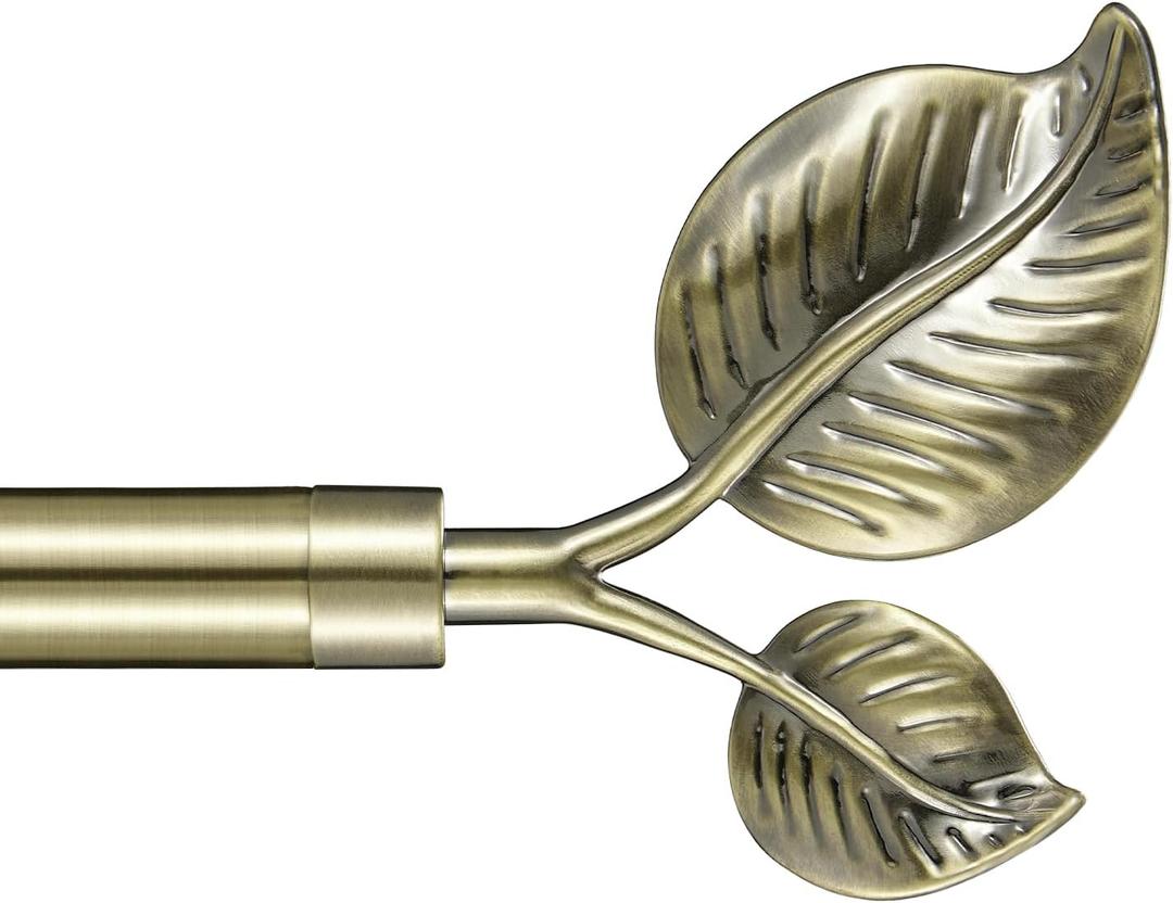Decorative Curtain Rod with Leaf Finials, 1Inch Diameter 28-48 Inch Adjustable Length Single Drapery Window Rods Telescoping Structure, Antique Bronze
