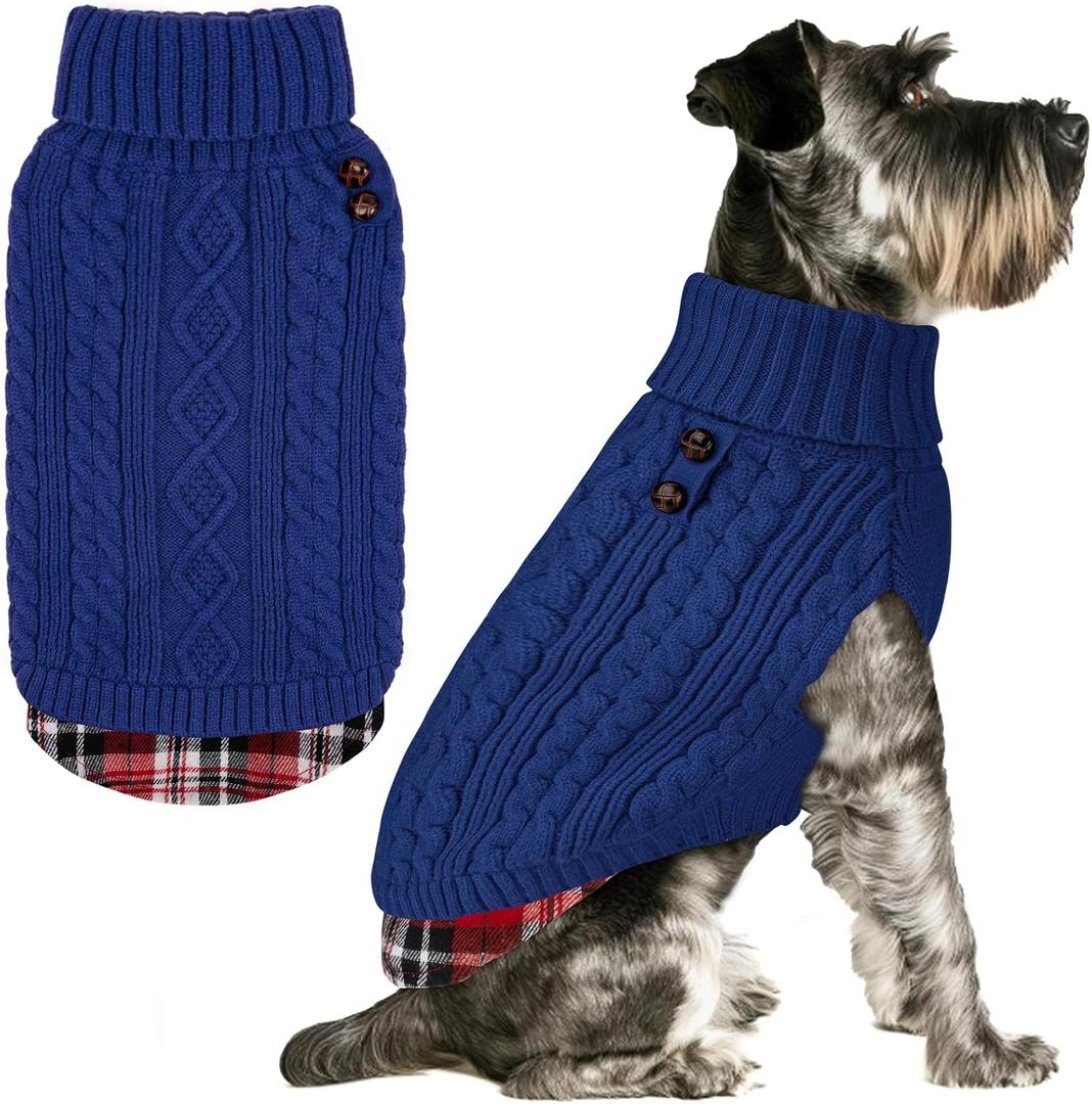 KYEESE Dog Sweater Comfy Pet Coat for Fall Winter Cold Weather Stretchy Knitwear Cat Clothes Warm Turtleneck Small Dogs Sweater with Gingham Patchwork Soft Pullover Dog Sweaters for Small Dogs Girl (Medium7-13lbs, 6# Blue)