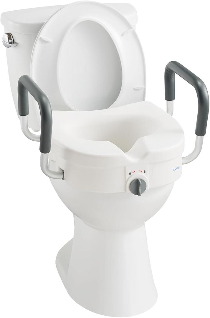 Raised Toilet Seat with Removable Padded Arms Adjustable Width 5" Toilet Seat Riser Supports 300lbs for Seniors, Pregnant, Handicap(N1FYT13-AZ)