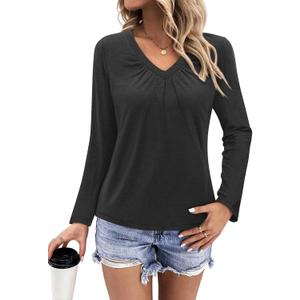 Womens Long Sleeve T Shirts V Neck Ruched Tops Loose Fit Pleated Tee Dressy Casual Tunic Blouses Fall Clothes (XLarge, Black)