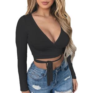 Artfish Women Sexy Deep V Neck Fleece Lined Crop Top Bandage Wrap Tie Fitted Cleavage Shirts (Black, L)