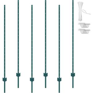 VEVOR 6 Feet U-Channel Metal Fence Post, 6 Pack With 24 Zip Ties & 12 Clips, Sturdy Steel Stakes for Garden Yard, Lawn, Farms and Outdoor Wire Fencing, Green