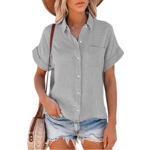 Womens Short Sleeve Cotton Button Down Up Shirt Collared V Neck Tops Shirts Blouses Dress for Women Western Wear (X-Large, Grey)