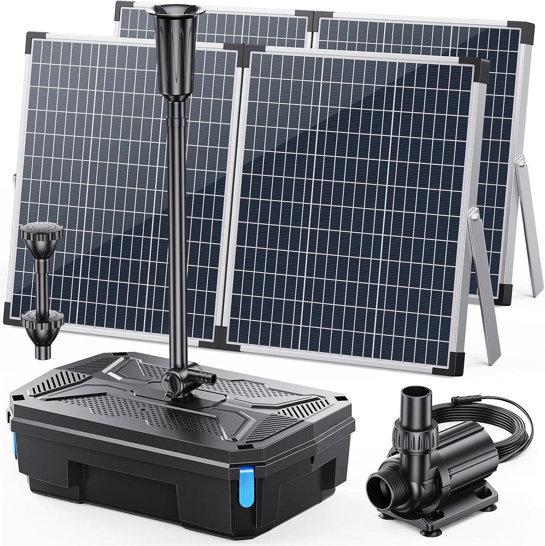 Antfraer Solar Pond Filter & 1600GPH Pump Kit, 120W Foldable Solar Panel with 3-Stage Filtration, Dual Mode Fountain & Waterfall Pond Filter for Outdoor Ponds, Fish Ponds, Garden Water Features