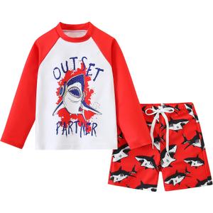 AIWUHE Toddler Swimsuit Set Boys Two Piece Shark Bathing Suit Swimwear Quick Dry Long Sleeve Rashguard and Swim Trunks 6-7yrs