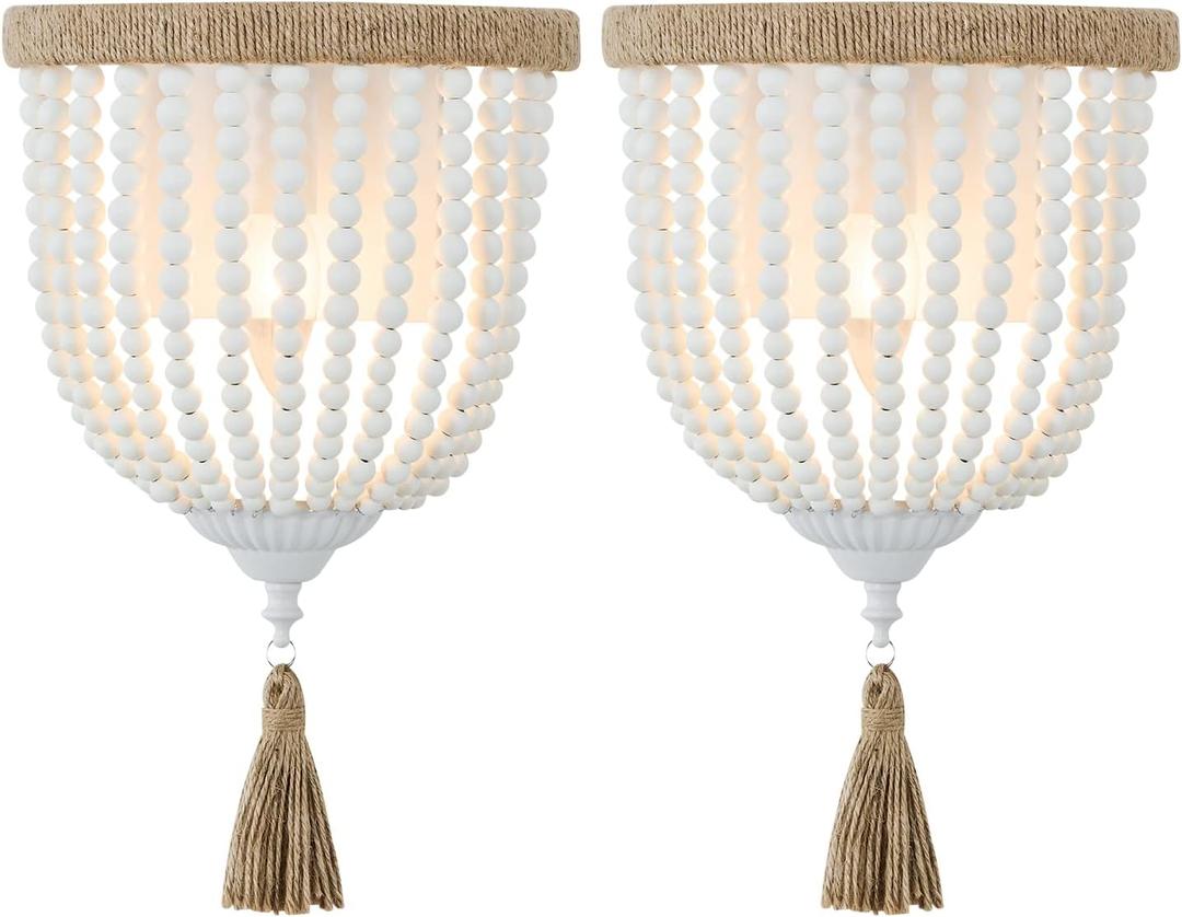 Boho Wood Beaded Wall Light, Hand-Woven Rope Farmhouse Bedside Wall Lamp, White Rustic Bohemia Wall Sconce Lighting Fixture for Bedroom,Hallway,Bathroom,Nursery,Entryway,Living Room,2 Pack