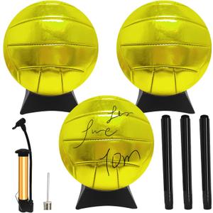 3 Pcs Gold Autograph Volleyball Official Size Trophy Volleyball Golden Custom Volleyball with 3 Display Stand 3 Signature Pen 1 Air Pump for Trophies Anniversary College Coaching Gift Awards Party