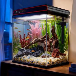 Coospider 5 Gallon Glass Fish Tank, Aquarium Starter Kit, Aquarium Kit with Quiet Filter Pump, 3-Color LED Lights, Simpel Self-Cleaning, Temp Monitoring for Fish, Shrimp, Family Kids Gift Ideas