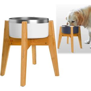 Dog Bowl Stand (14-inch High) - Ideal for Large Breeds, Use to Elevate, Raise Pet Dishes, Water Fountains and Slow Feeders - Adjustable Sideways, Bamboo - (Bowls not Included) (Height: 14"-15" / Width: Adj. 8"-11")