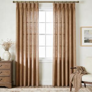 Brown Pinch Pleated 84 inch Long Linen Curtains 2 Panels Set for Living Room Track System Curtains Neutral Modern Elegant Light Filtering Semi Sheer Linen Blend Pinch Pleat Drapes 84 Length