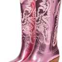GOSERCE Pink Cowboy Boots for Women - Metallic Cowgirl Boots with Embroidery Sparkly Mid Calf Boots for Ladies Fahsion Classic Pull on Pointy Toe Chunky Stacked Heel 2.5" Pink, 5