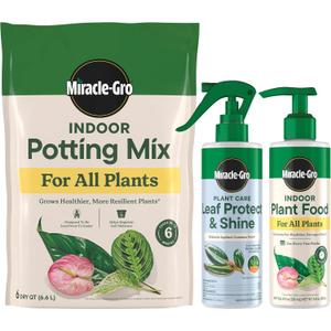 Miracle-Gro Indoor Potting Mix (6 qt.) and Plant Food (8 fl. oz.) for All Plant and Plant Care Leaf Protect & Shine (8 fl. oz.) - Bundle for Growing, Fertilizing, Protecting and Cleaning Houseplants