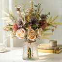 Silk Flowers with Vase, Artificial Flowers Arrangement with Glass Vase Faux Rose for Decoration Table Centerpiece (Rose Champagne)