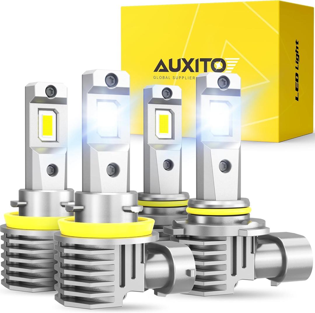 AUXITO 9005/HB3 H11/H8/H9 LED Bulbs Combo, 50000LM Bright 6500K Cool White, 120W Fanless Fog Light Bulbs, Pack of 4