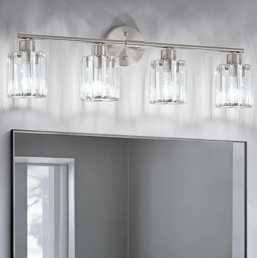 Kvhiiw Crystal Bathroom Light Fixtures, Bathroom Lighting Fixtures Over Mirror, Modern 4Light Brushed Nickel Vanity Lights for Mirror, Restroom, Kitchen(Ceramic E26 Socket,Bulbs Not Include)