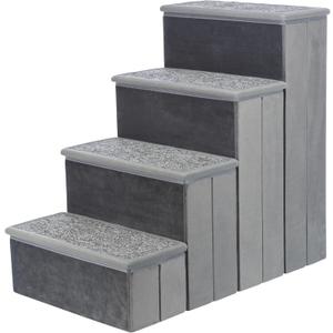 TRIXIE Velour Dog Stairs with Tread Steps - 4 Step Pet Stairs for Beds and Couches - Foldable with Additional Storage Space - in Gray (15" W x 22.8" H)