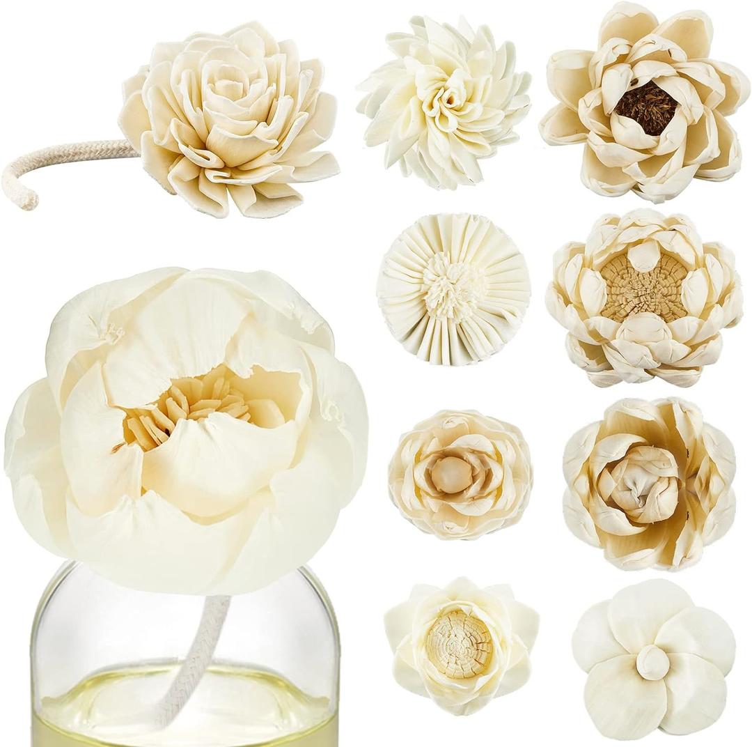 Waydress 15 Pieces Diffuser Mixed Sola Flowers Natural Material Aromatherapy Reed Wood Flowers Decorative Aromatherapy Flower Placement Refill Wood Flower Diffuser with Rope(White,Various)