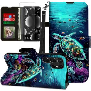 for Samsung Galaxy S25 Ultra Case with Screen Protector & Kickstand & Card Holder & Wrist Strap,Flip Folio Leather Cover Magnetic Protective Case for Samsung S25 Ultra,Sea Turtle Green