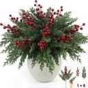 12Pcs/84Pcs Christmas Artificial Pine Branches with Red Berry Stems, 18 Faux Evergreen Christmas Tree Picks, Cedar Cypress Leaves Stems for Xmas Decorations Indoor DIY Craft Garland Home Decor