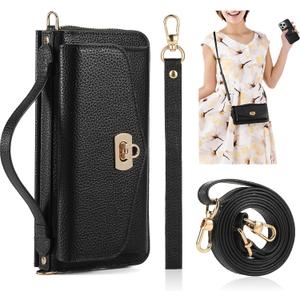 Crossbody Wallet Case for iPhone 16 Pro 6.3", Magnetic Detachable Floral PU Leather Phone Case with RFID Blocking Card Holder Wristlet Mirror Flip Zipper Shoulder Purse for Women - Black B