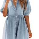 Pepochic Womens Summer Denim Dress Button Down Short Sleeve Babydoll Dress Puff Sleeve Flowy Jean Dress, Size: XL