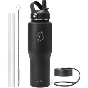 BUZIO Insulated Water Bottle Fits in Cupholder, Stainless Steel Tumbler with Straw Lid 32oz, Leak-proof BPA-Free Insulated Water Flask for Travel, Keeps Cold for 48H, Hot for 24H, Black (32 Ounces)