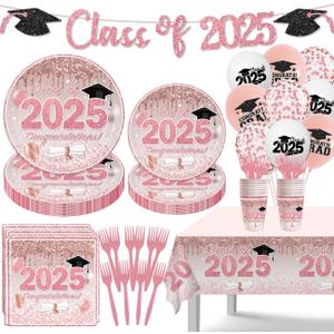 Pink Graduation Decorations Class of 2025, Pink Rose Gold Graduation Disposable Paper Plates Napkins Cups Forks Tablecloth and Balloons for Pink 2025 Graduation Party Supplies, Serve 20