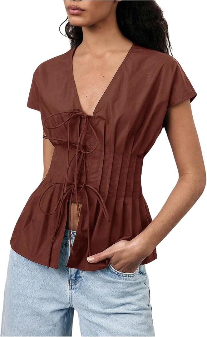 SHENHE Women's Dressy Casual Peplum Blouse Pleated Cinched Waist Short Sleeve Blouse Top, Burgundy (M)