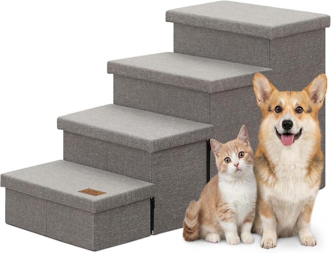 Zerbuger Dog Stairs with Storage 23" H, 4-Step Wider Dog Steps for High Beds Window, Folding Sturdy Pet Stairs Gift for Injured Old Dogs Cats, Ramp for Climbing Car Up to 200 lbs,(Gray, No Condo)