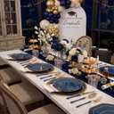 KIRE 140Pcs Blue Plastic Plates with Gold Rim - Gold Disposable Plastic Silverware with Blue Handle&Clear Cups&Hand Napkin - Geometric Party Plates for Memorial Day/Party/Graduation