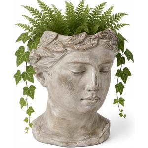WHOLE HOUSEWARES Women Head Planter for Plants Set of 1-8" x 6" x 6" Artistic Greco-Inspired Vase - Grey Cement Planter for Indoor and Outdoor - Multifuntional Home Display Pot with Face Design