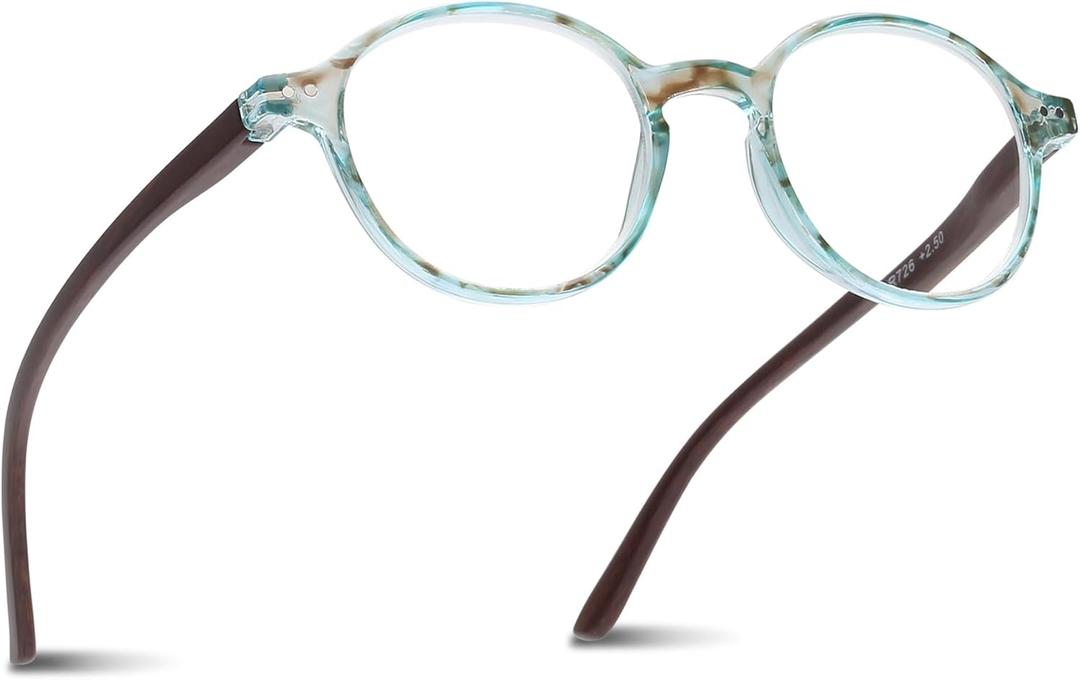 2SeeLife Small Round Reading Glasses for Men & Women  Narrow-Medium Fit, Sturdy Frame, Spring Hinges, Premium Retro Readers, Aqua Blue, +1.25