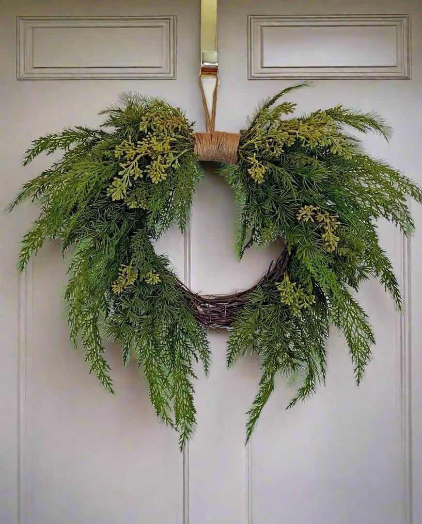 18 inch Artificial Cedar and Jute Front Door Wreath with Hand Tied Twig Base