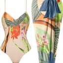 Women's One Piece Swimsuit with Beach Cover Up Retro Floral Print Bathing Suits with Coverup Set Sarong Wrap Swim Suit 1 Piece Swimwear Set with Matching Skirt Beige Floral, Small