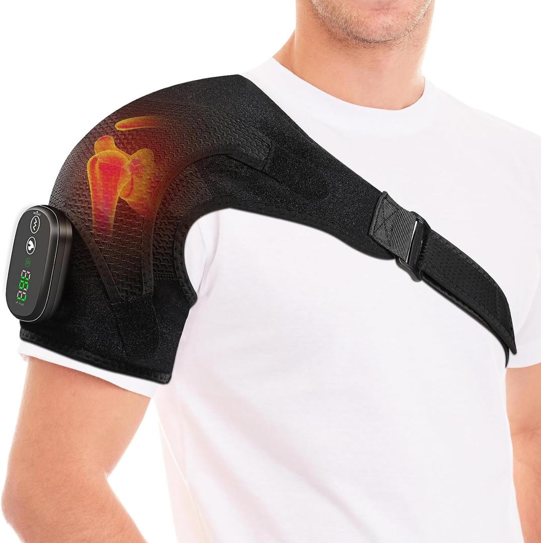 YUANBO Cordless Heated Shoulder Massager Wrap, Portable Shoulder Brace Heating Pad with 3 Heat & Vibration for Pain Cuff Frozen Relief Deep Tissue Warmer Gift for Men Women