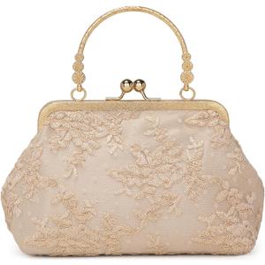 Vintage Embroidery Lace Floral Clutch Purse for Women Formal Evening Bag Kiss Lock Handbag Wedding Cocktail Party Purse (Champagne)
