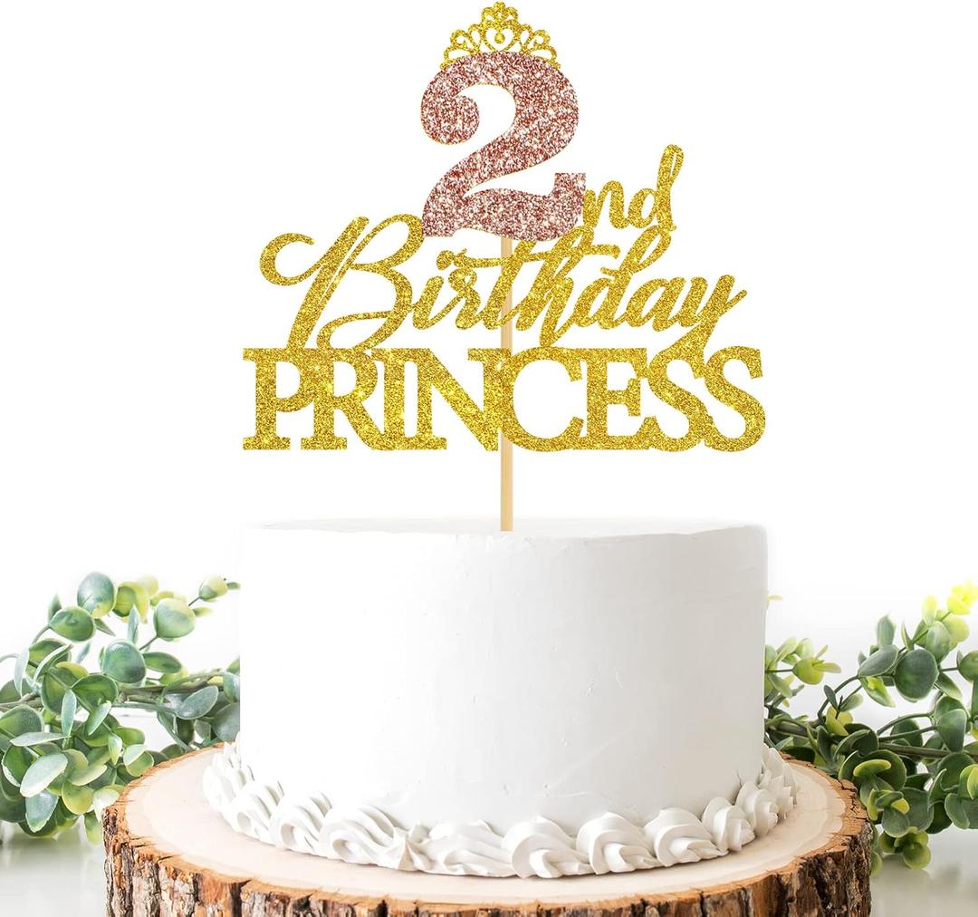 2 x 2nd Birthday Princess Cake Topper, Princess Cake Decor for Girls' 2nd Birthday, Crown Sign Cake Picks for Fairy Tale Theme Two Years Party Favors Decor