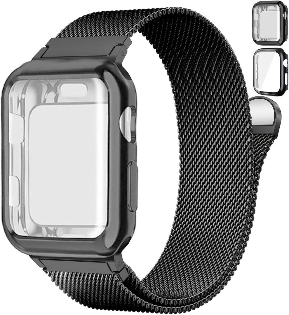 Magnetic Band and Case for Apple Watch Band 40mm 41mm 38mm 44mm 45mm 46mm 42mm Women/Men,Stainless Steel Milanese Loop Bracelet Strap with Cover Combo iWatch series 11 10 9 8 7 6 5 4 SE Ultra/2 3 49mm (01-Black)